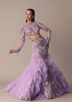 Lavender 3D Ruffle Fish Cut Skirt And Crystal Blouse Set