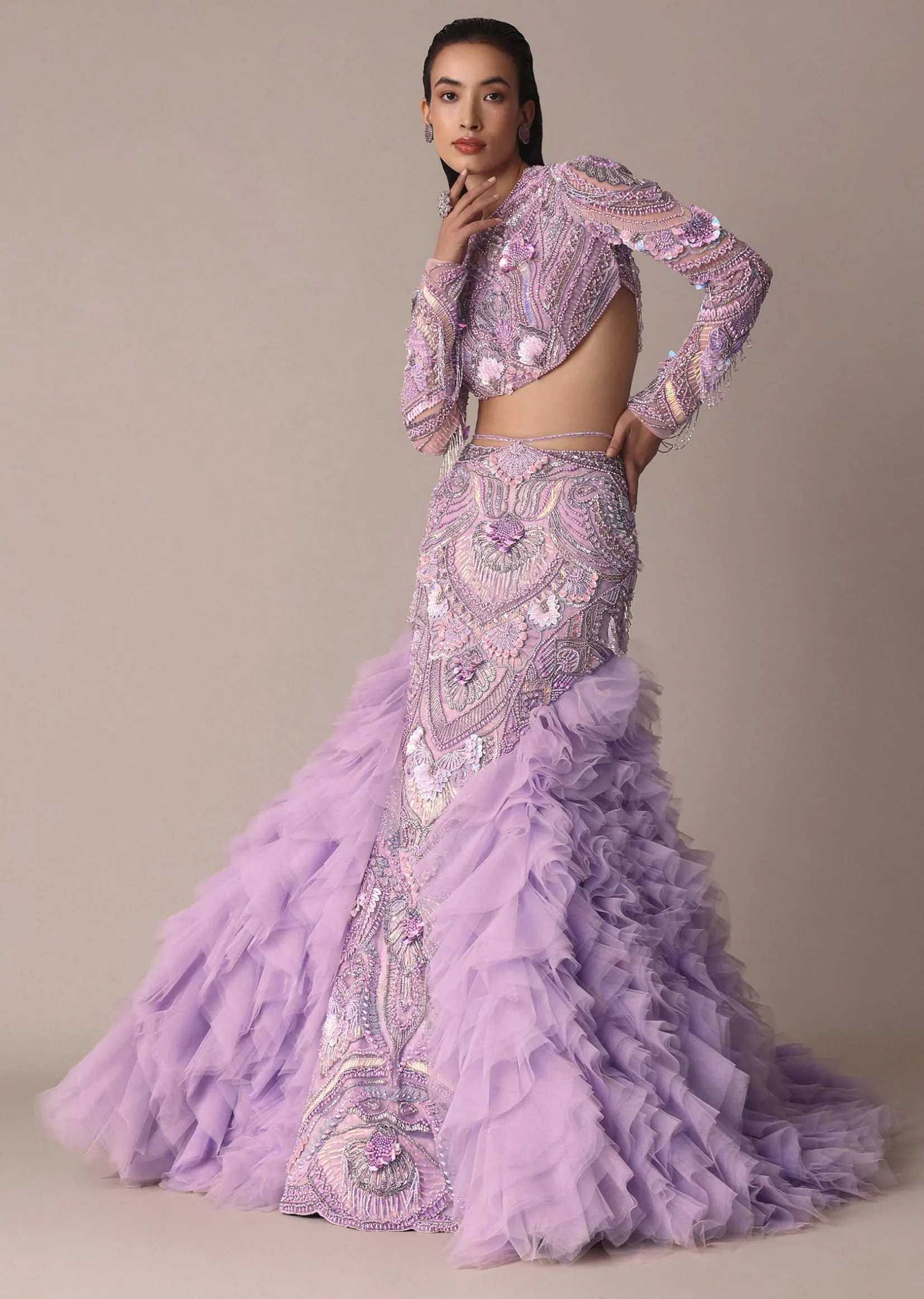 Lavender 3D Ruffle Fish Cut Skirt And Crystal Blouse Set