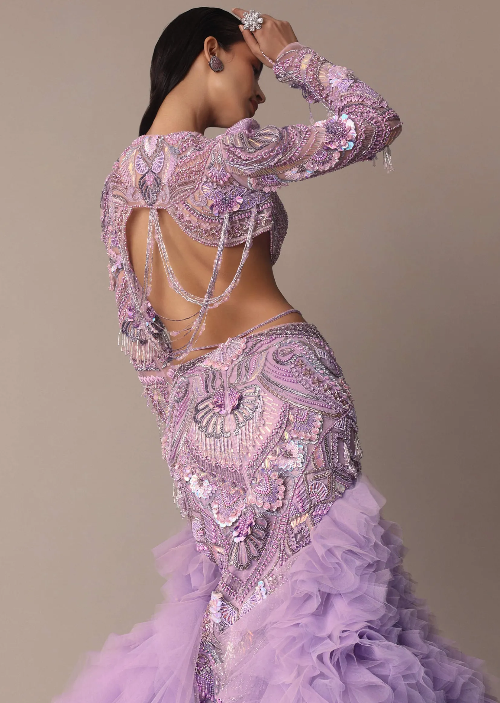 Lavender 3D Ruffle Fish Cut Skirt And Crystal Blouse Set