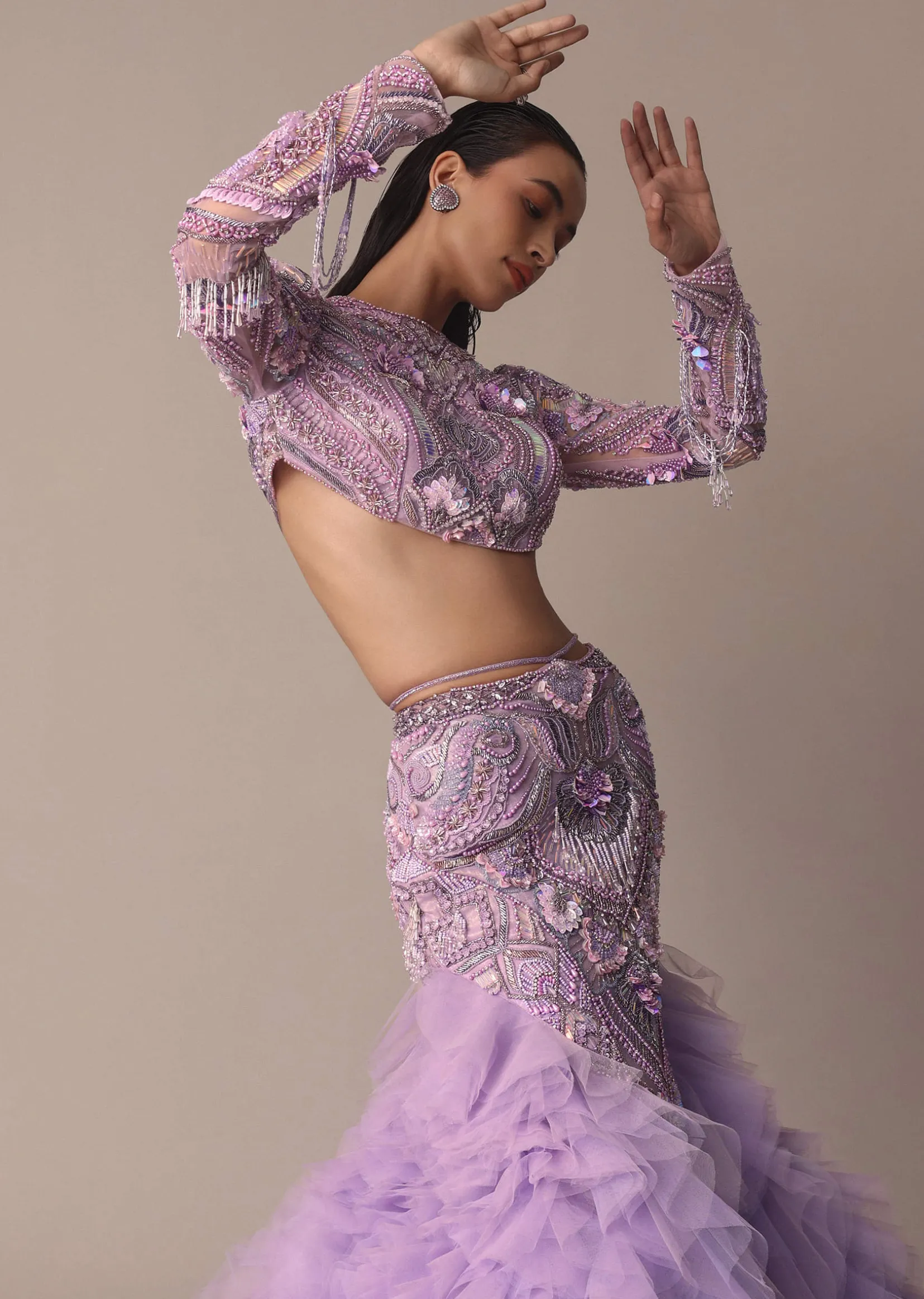 Lavender 3D Ruffle Fish Cut Skirt And Crystal Blouse Set