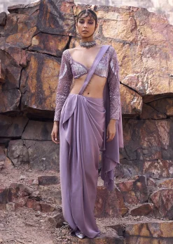 Lavender Draped Skirt With Pleated Pallu And Blouse