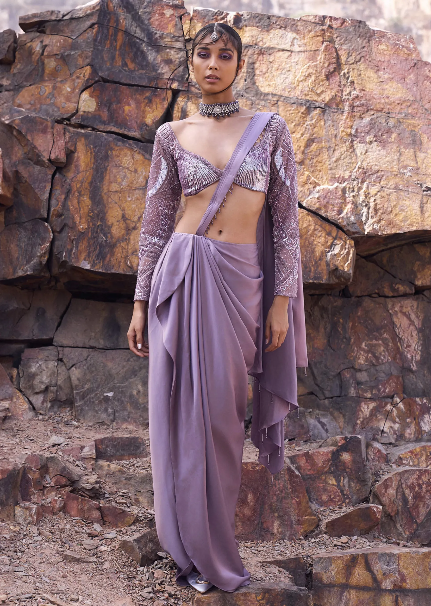 Lavender Draped Skirt With Pleated Pallu And Blouse