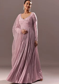 Lavender Embroidered Anarkali Suit With Organza Dupatta