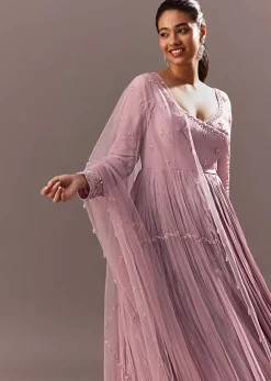 Lavender Embroidered Anarkali Suit With Organza Dupatta