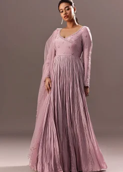 Lavender Embroidered Anarkali Suit With Organza Dupatta