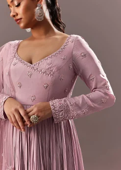 Lavender Embroidered Anarkali Suit With Organza Dupatta