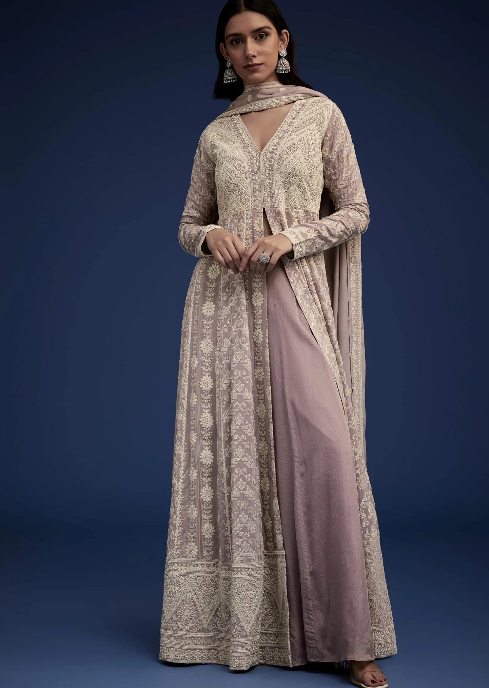 Lavender Embroidered Palazzo Set With Dupatta