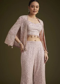 Lavender Georgette Palazzo Set And Lucknowi Cape