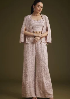 Lavender Georgette Palazzo Set And Lucknowi Cape