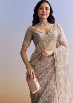 Lavender Glass Tissue Saree With Multicolor Sequins And Heavy Jaal