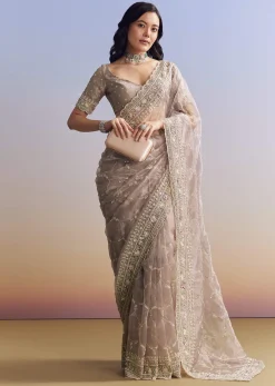 Lavender Glass Tissue Saree With Multicolor Sequins And Heavy Jaal