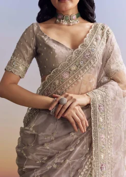 Lavender Glass Tissue Saree With Multicolor Sequins And Heavy Jaal
