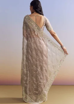 Lavender Glass Tissue Saree With Multicolor Sequins And Heavy Jaal