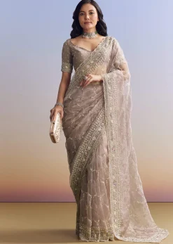 Lavender Glass Tissue Saree With Multicolor Sequins And Heavy Jaal