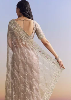 Lavender Glass Tissue Saree With Multicolor Sequins And Heavy Jaal