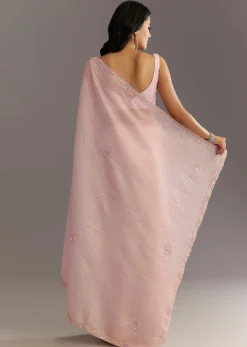 Lavender Glossy Finish Crushed Tissue Saree With Cutdana Moti Embroidery