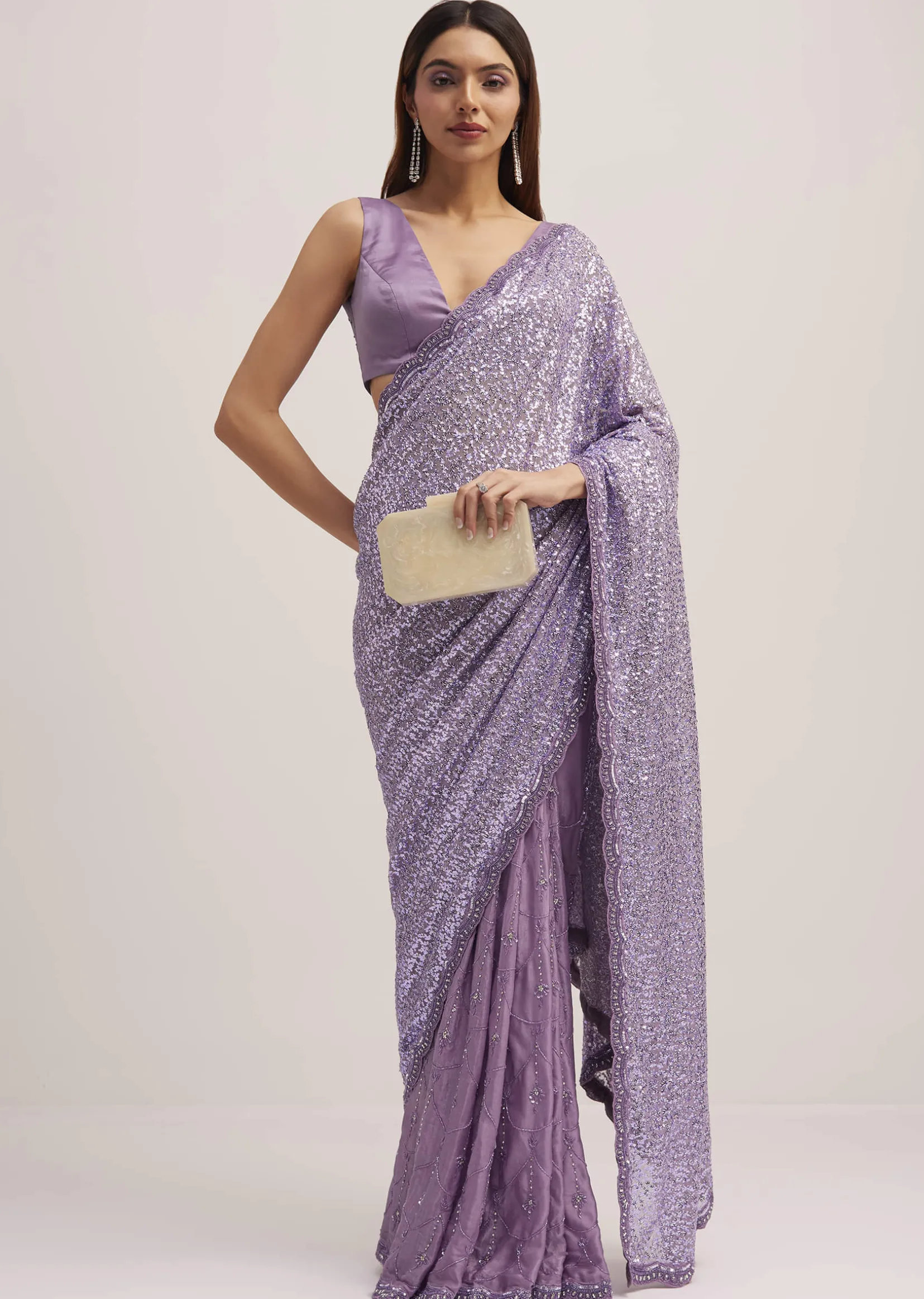 Lavender Half And Half Sequins Saree