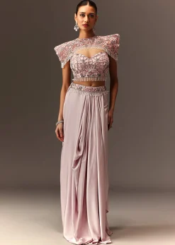 Lavender Hand Embroidered Blouse And Croped Cape With Drape Skirt