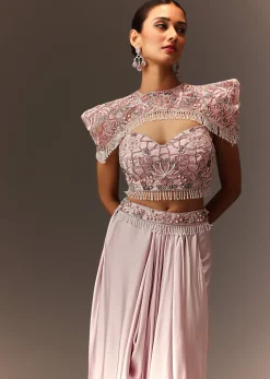 Lavender Hand Embroidered Blouse And Croped Cape With Drape Skirt