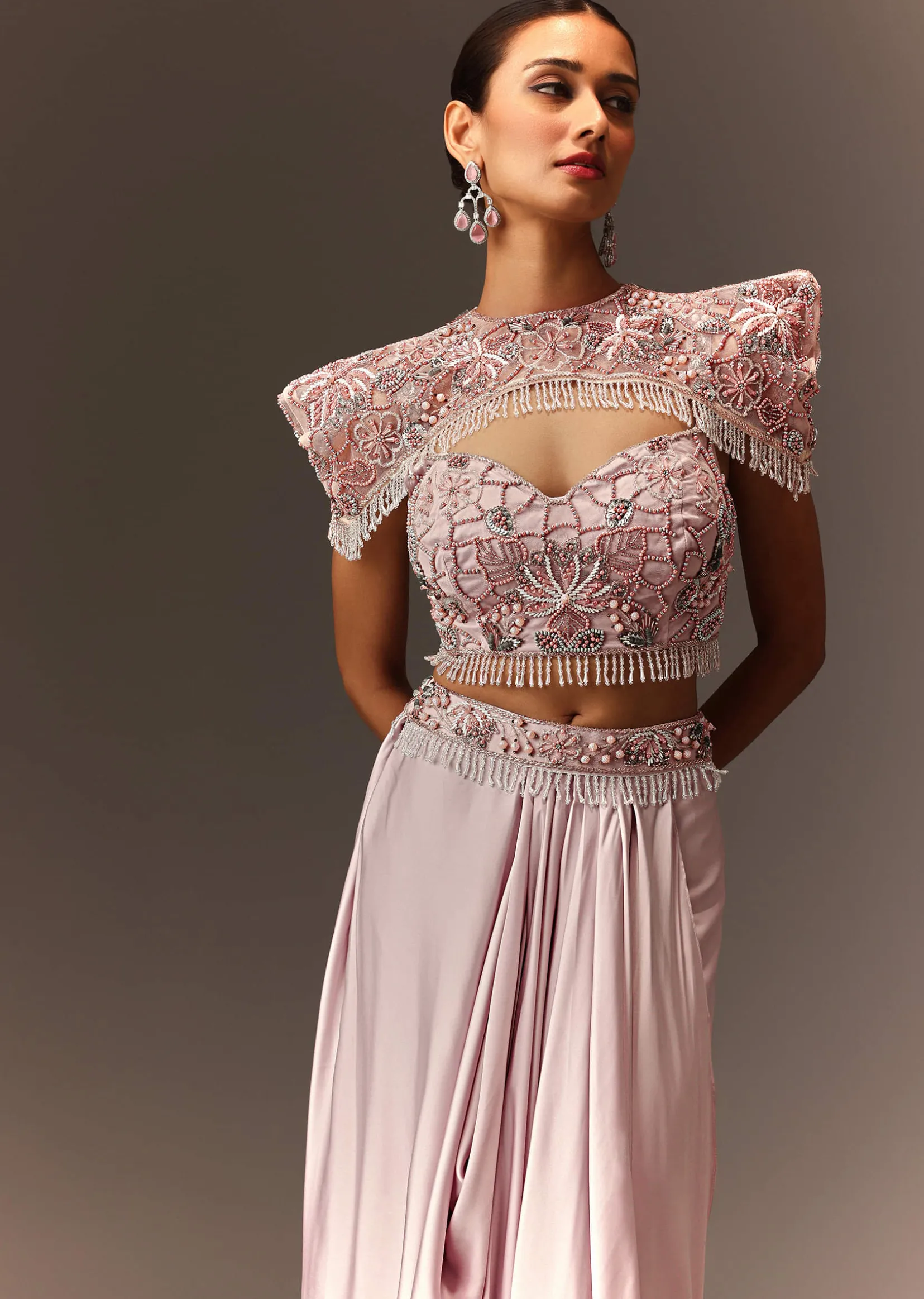 Lavender Hand Embroidered Blouse And Croped Cape With Drape Skirt