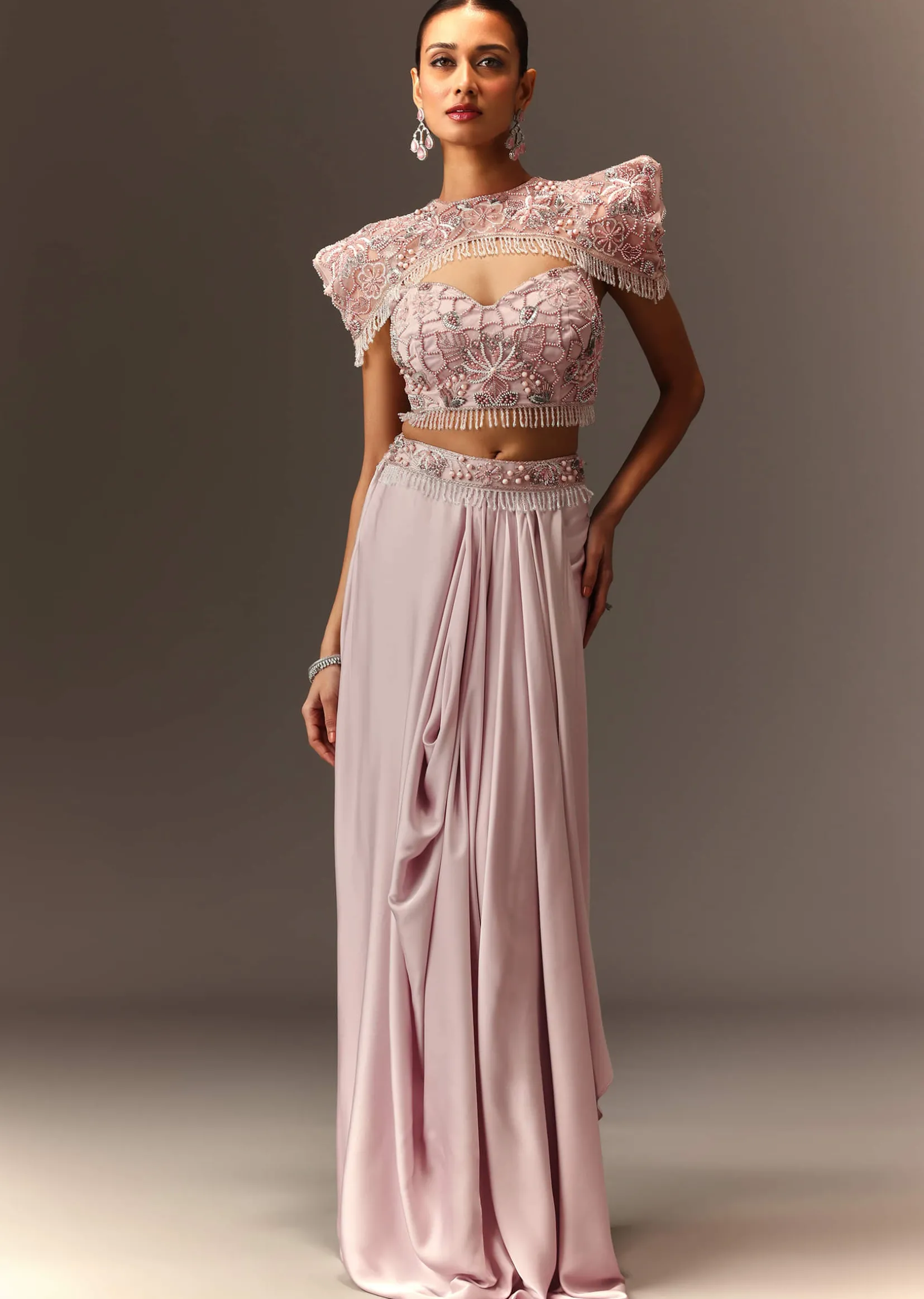 Lavender Hand Embroidered Blouse And Croped Cape With Drape Skirt