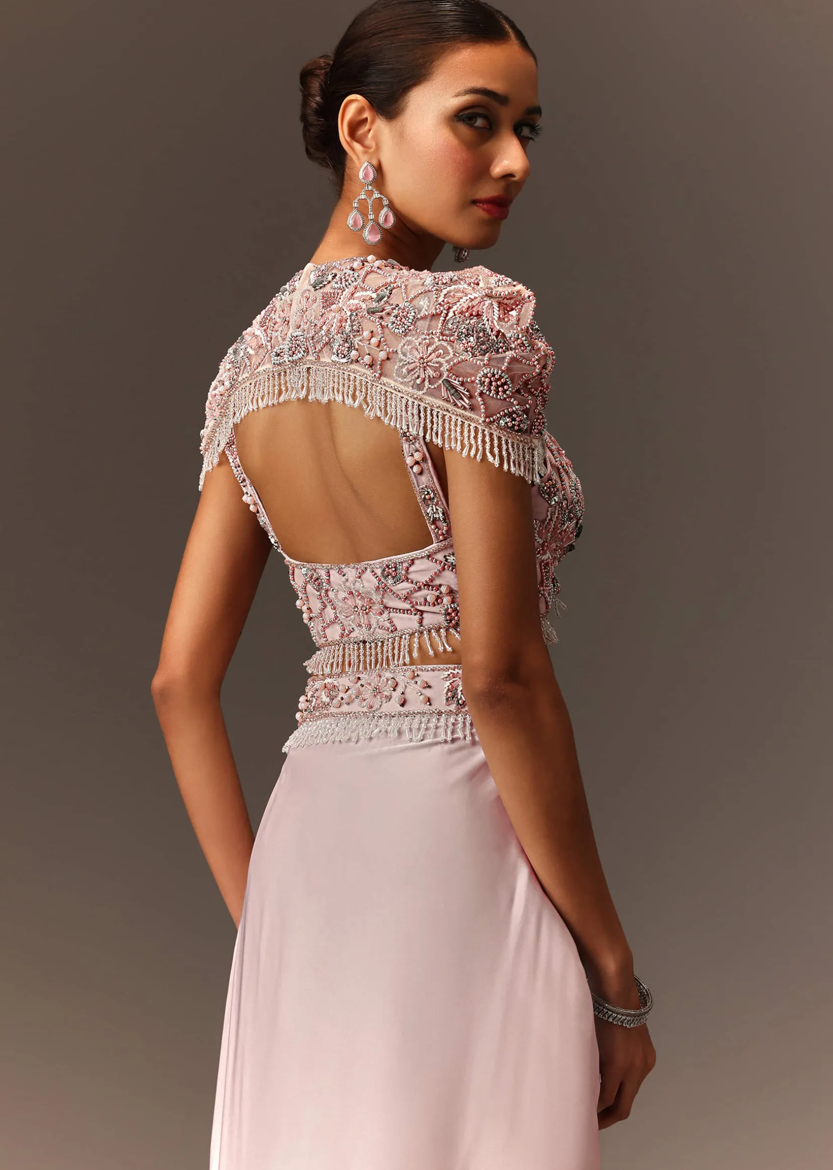 Lavender Hand Embroidered Blouse And Croped Cape With Drape Skirt