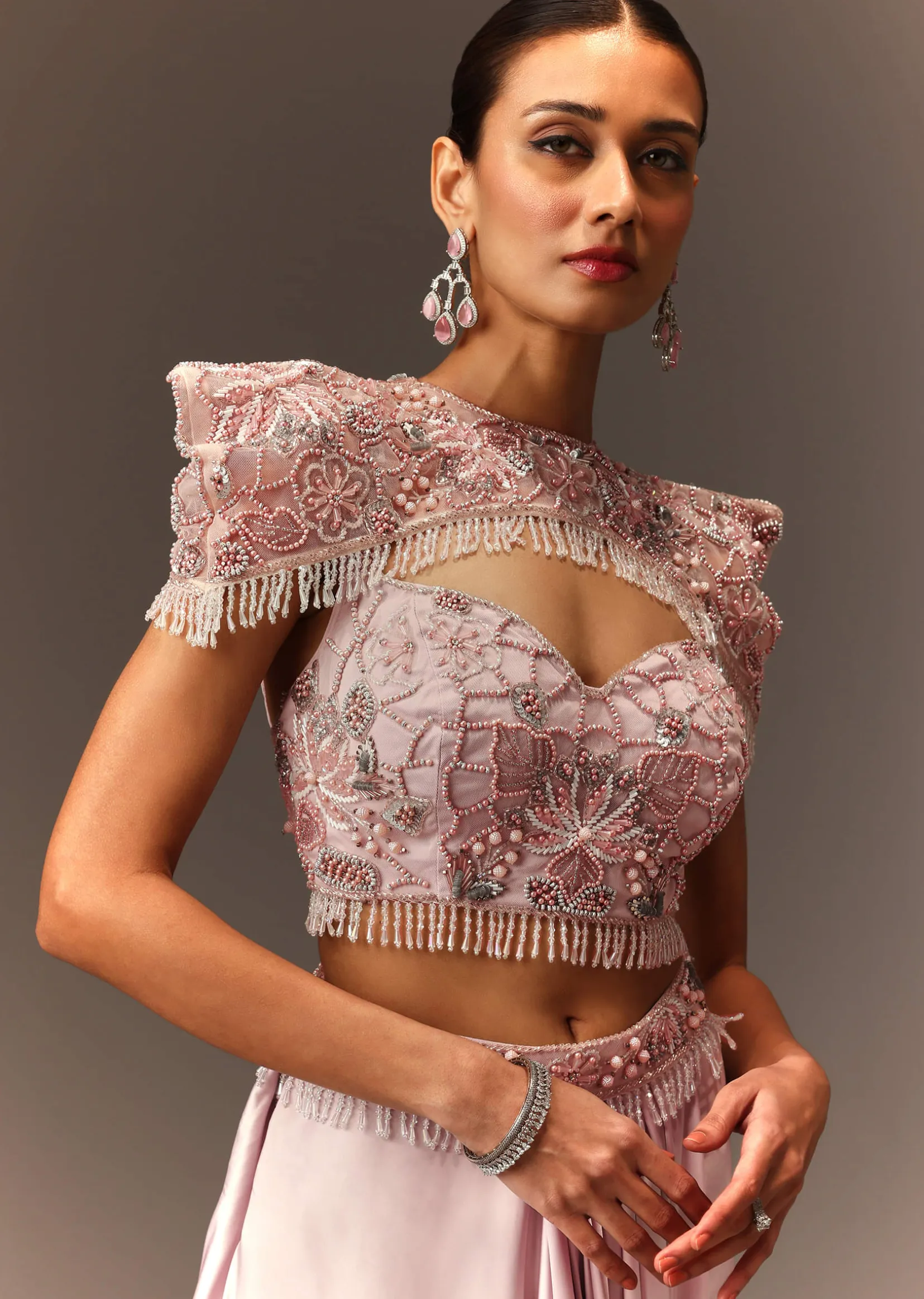 Lavender Hand Embroidered Blouse And Croped Cape With Drape Skirt