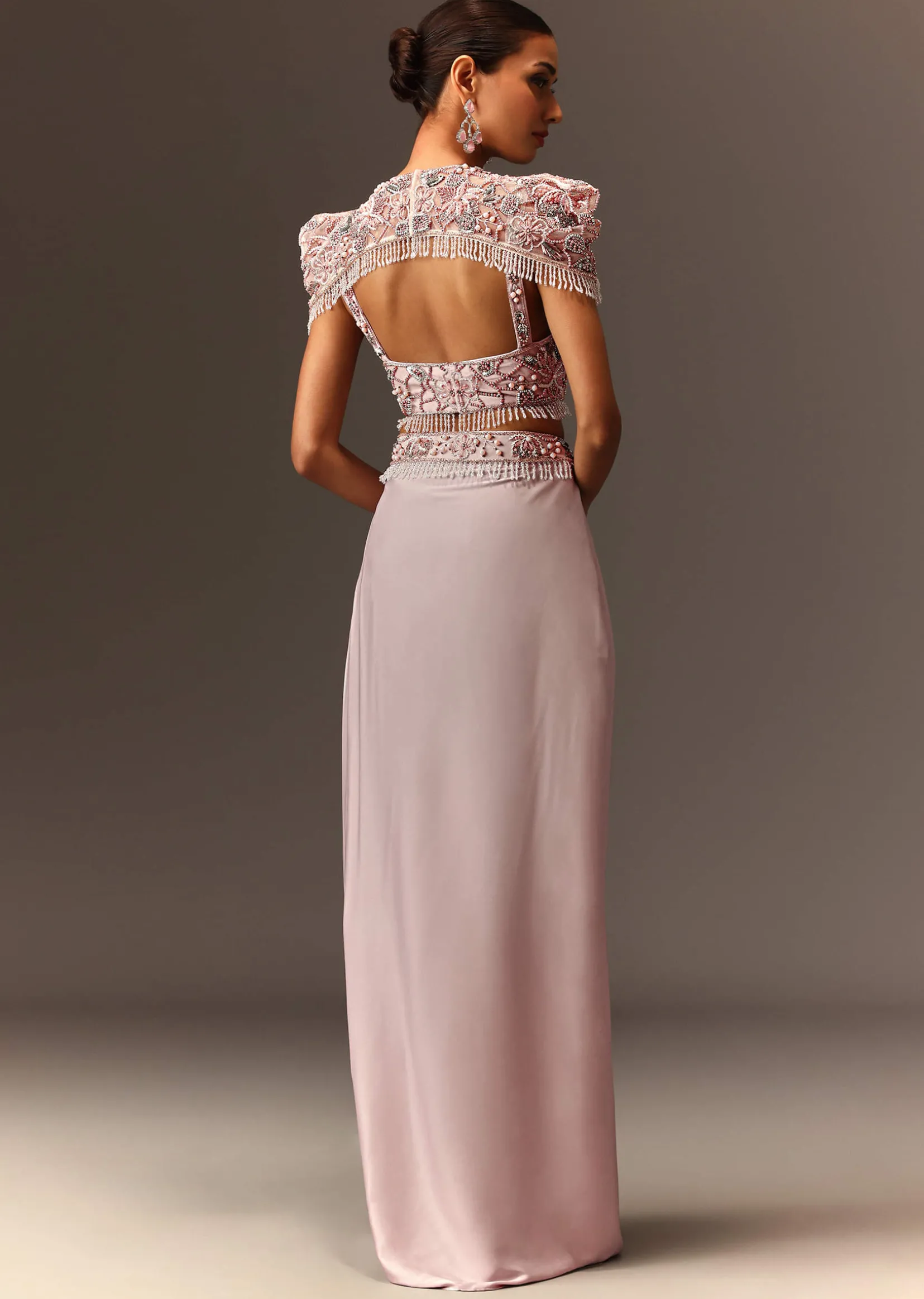 Lavender Hand Embroidered Blouse And Croped Cape With Drape Skirt