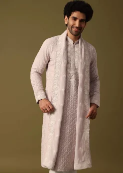 Lavender Kurta Pant Set With Dupatta In Resham Work For Men