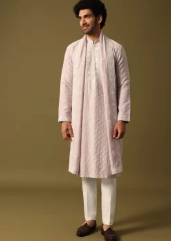 Lavender Kurta Pant Set With Dupatta In Resham Work For Men