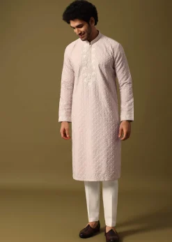 Lavender Kurta Pant Set With Dupatta In Resham Work For Men