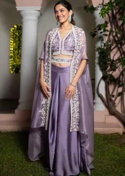 Lavender Moti Work Crop Top Suit Embroidered Jacket