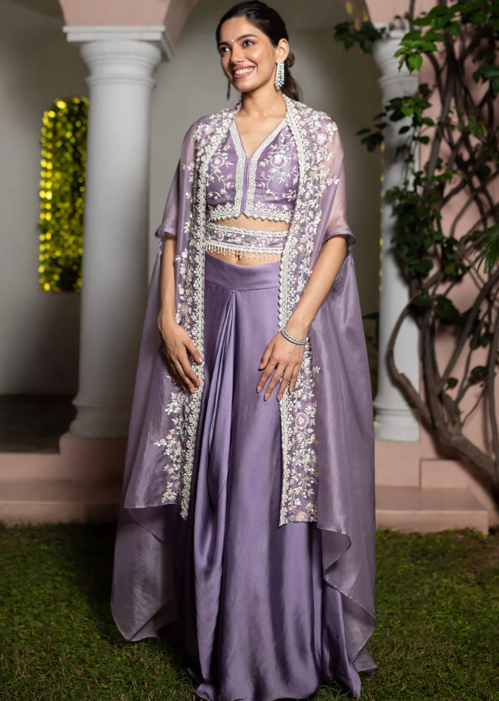 Lavender Moti Work Crop Top Suit Embroidered Jacket