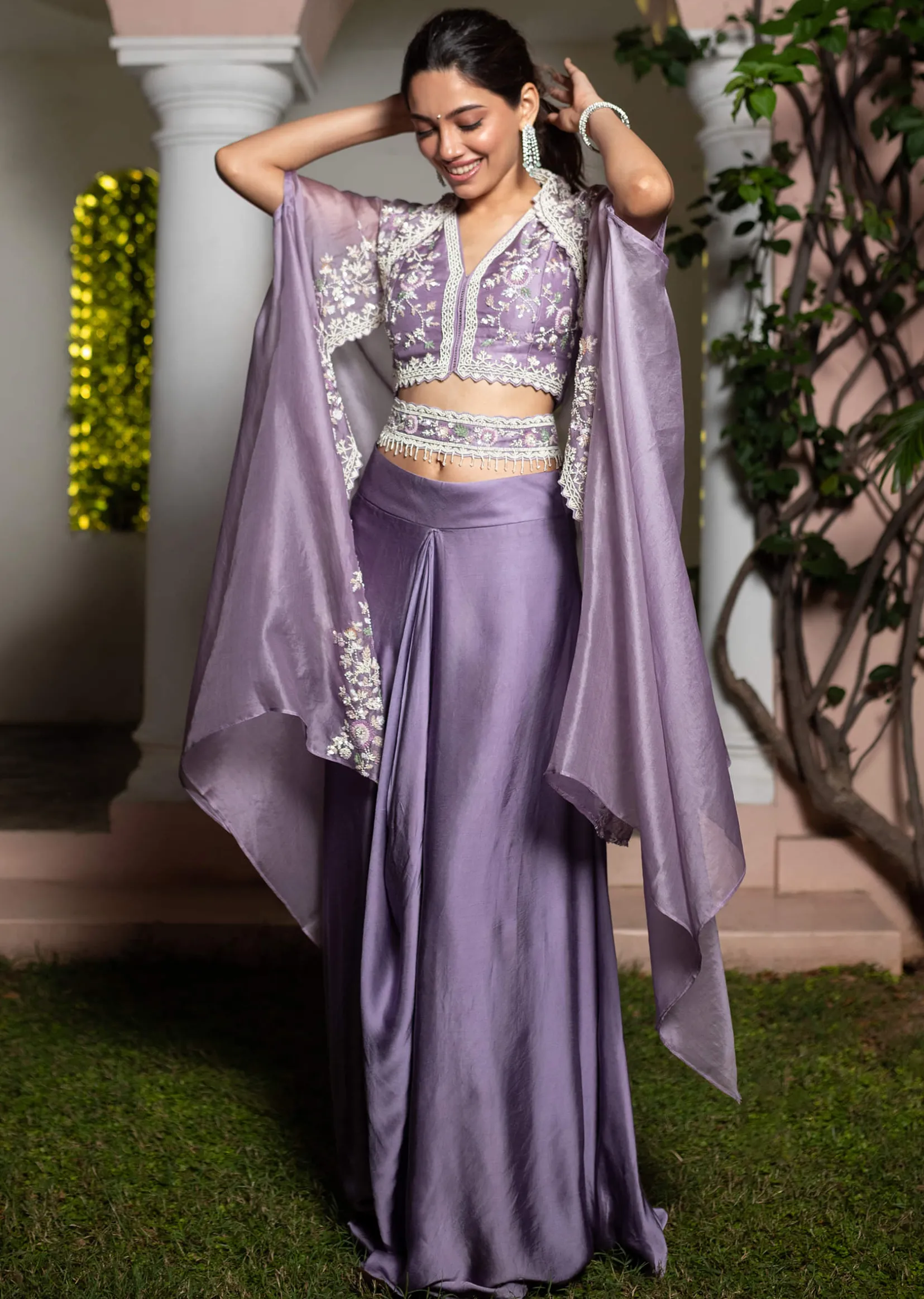 Lavender Moti Work Crop Top Suit Embroidered Jacket