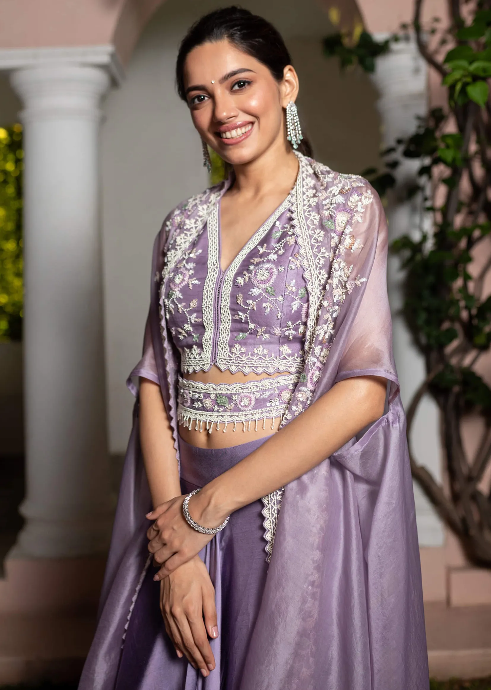 Lavender Moti Work Crop Top Suit Embroidered Jacket
