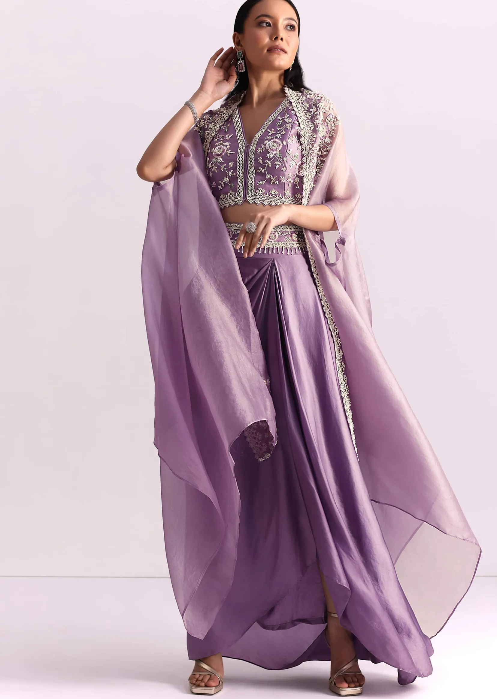 Lavender Moti Work Crop Top Suit Embroidered Jacket