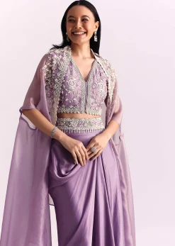 Lavender Moti Work Crop Top Suit Embroidered Jacket