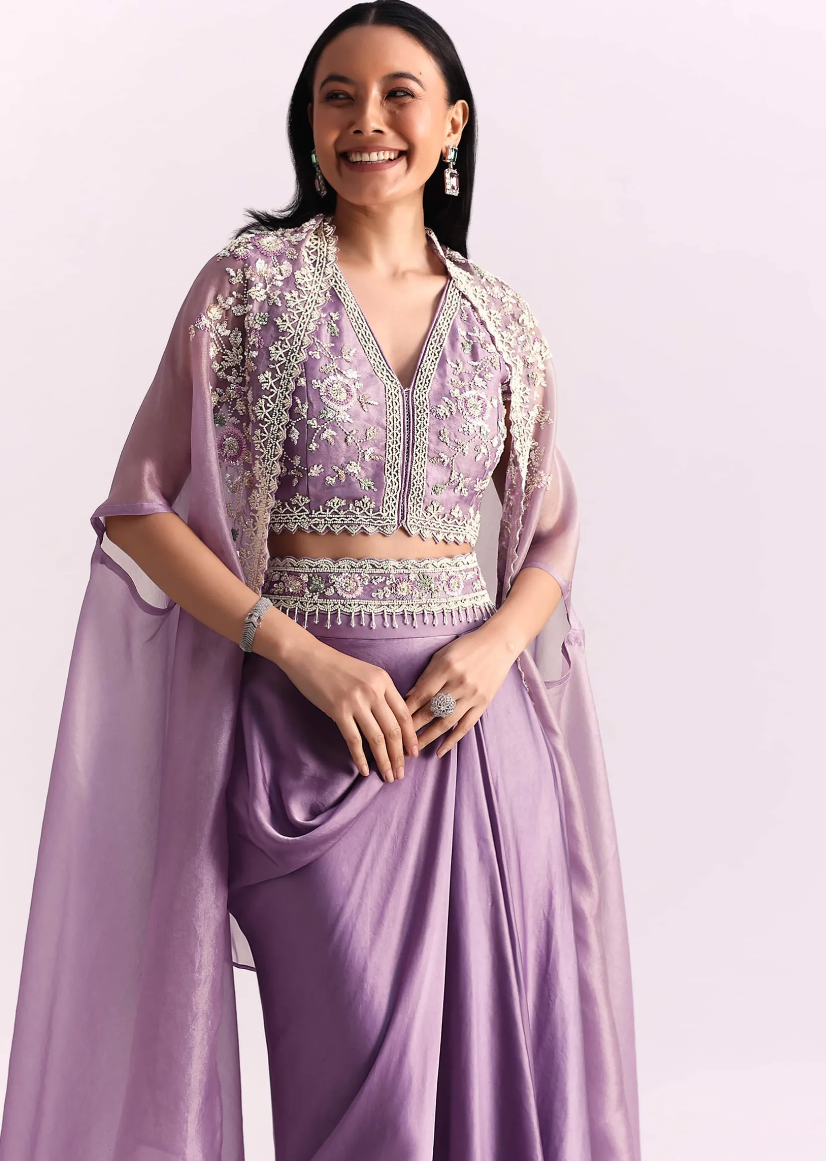 Lavender Moti Work Crop Top Suit Embroidered Jacket