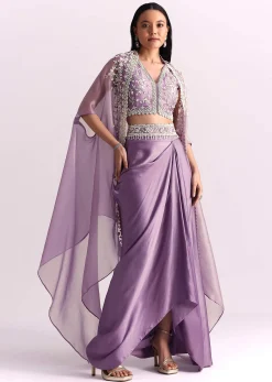 Lavender Moti Work Crop Top Suit Embroidered Jacket