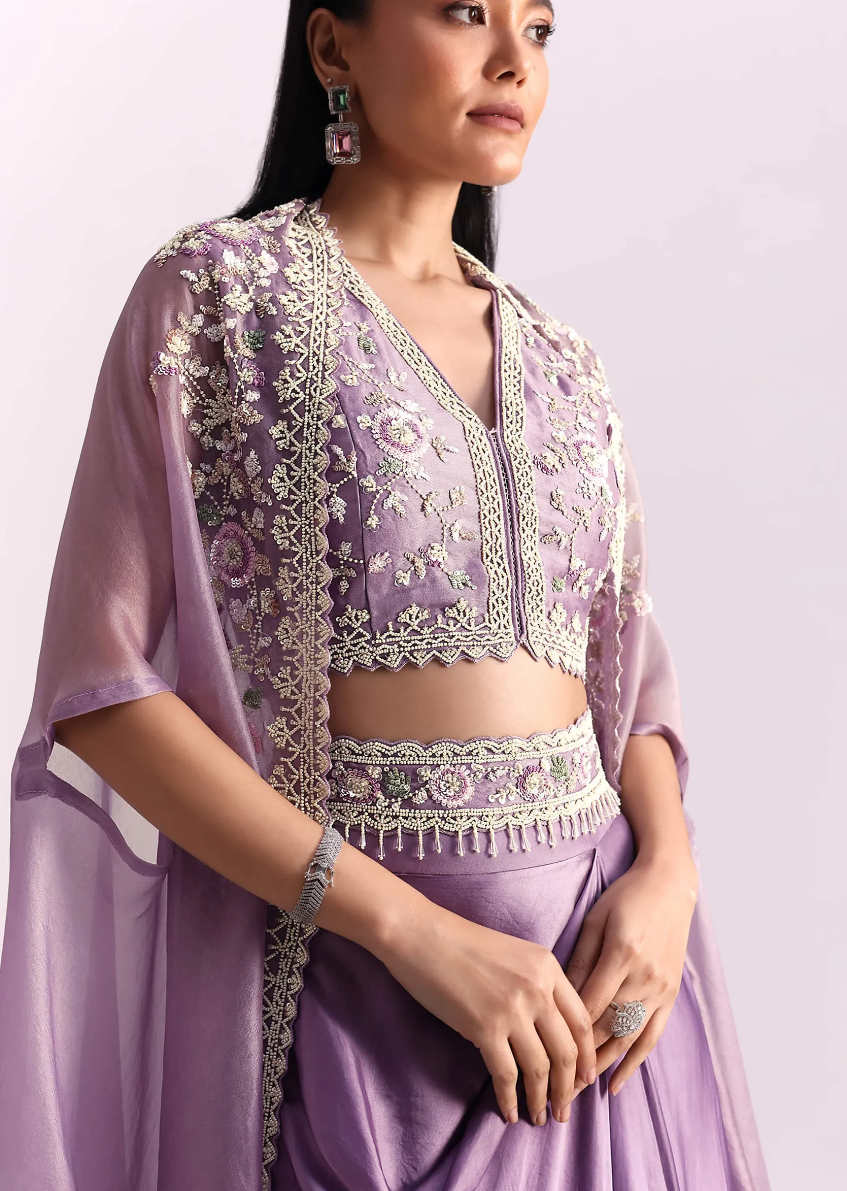 Lavender Moti Work Crop Top Suit Embroidered Jacket