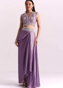 Lavender Moti Work Crop Top Suit Embroidered Jacket