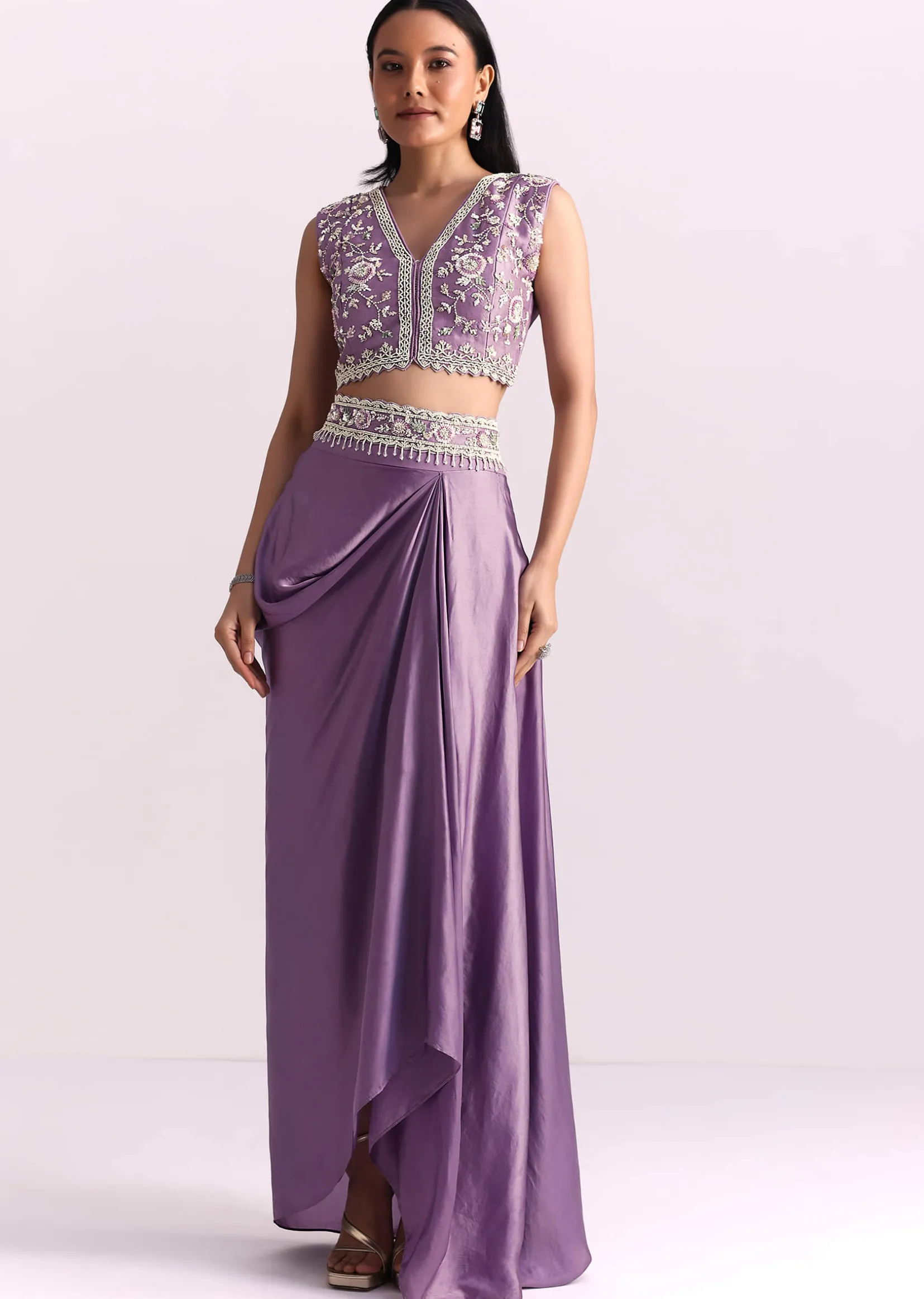 Lavender Moti Work Crop Top Suit Embroidered Jacket