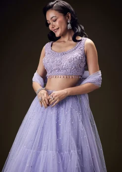 Lavender Net Hand Embroidered Pearl Work Lehenga Set