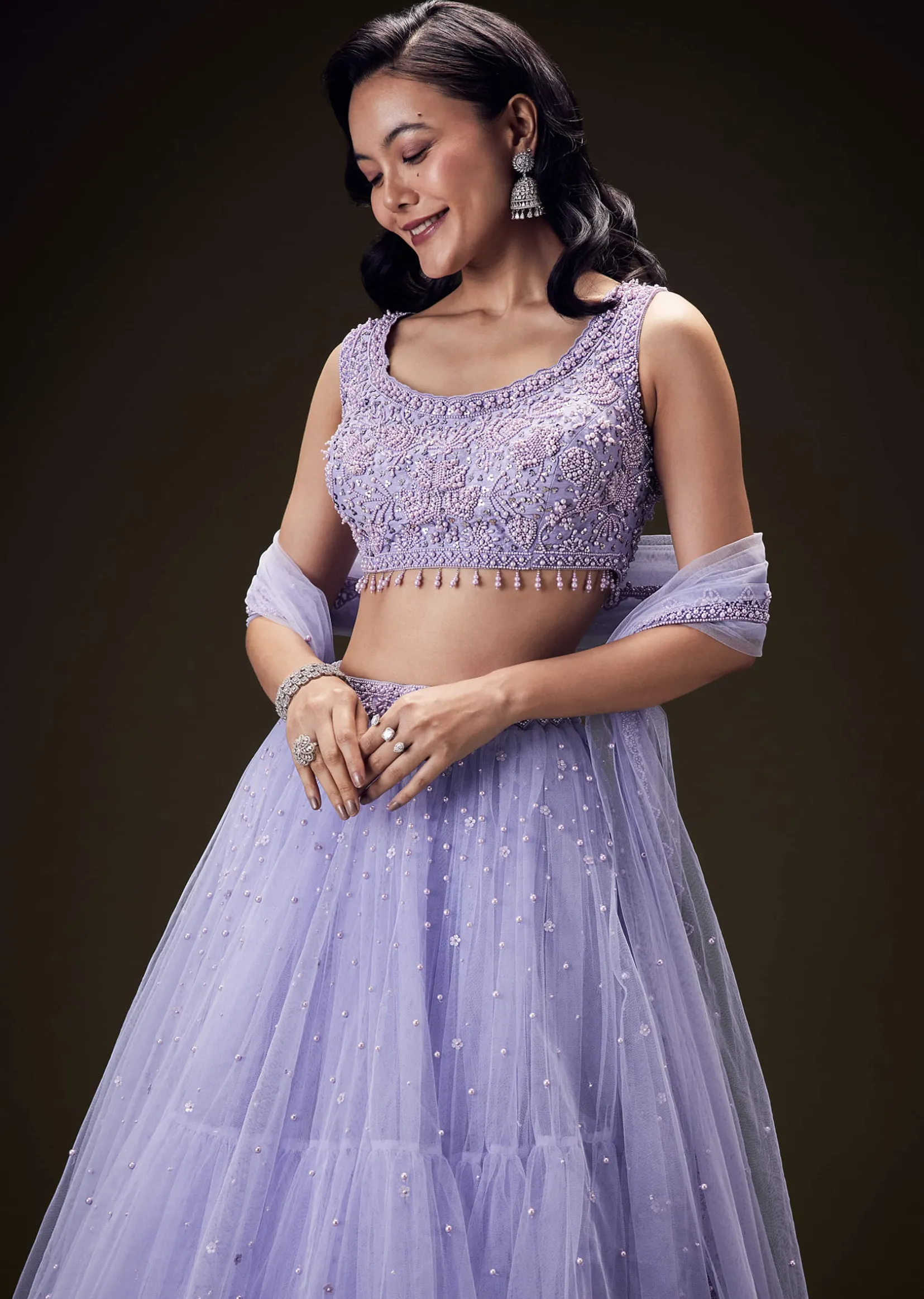Lavender Net Hand Embroidered Pearl Work Lehenga Set