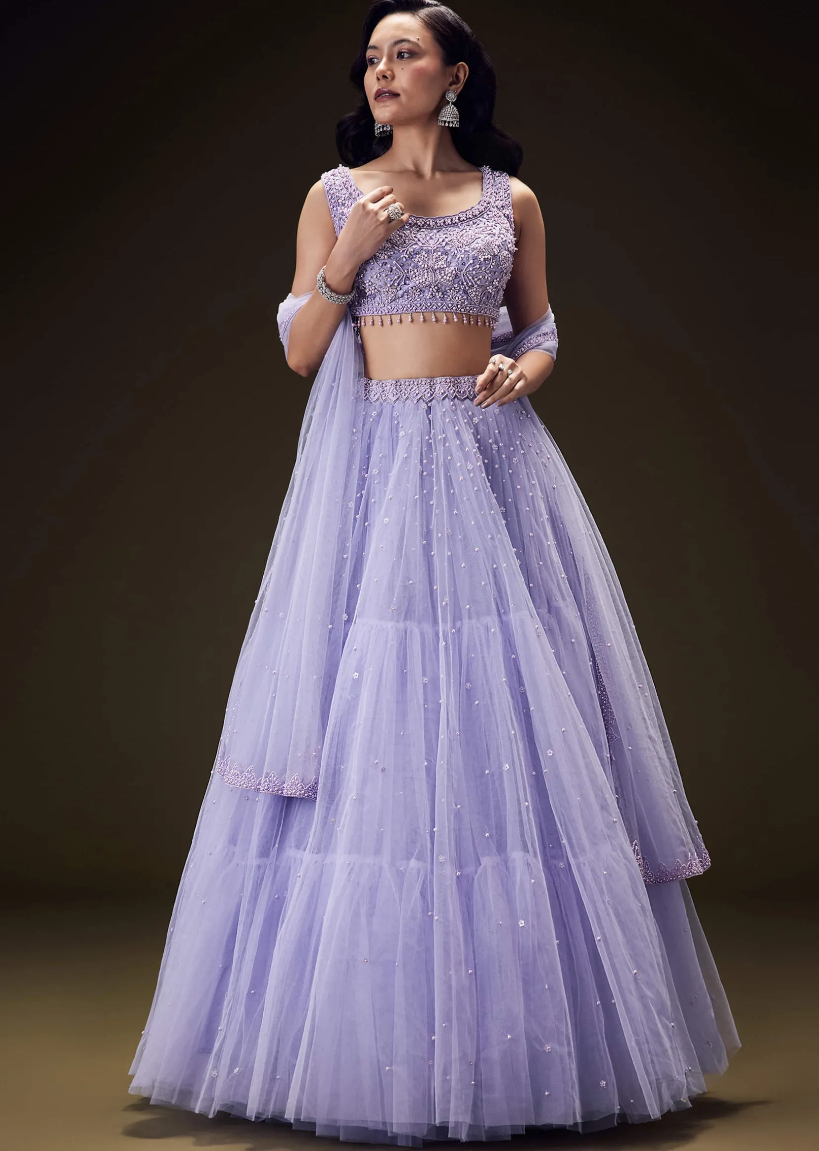 Lavender Net Hand Embroidered Pearl Work Lehenga Set