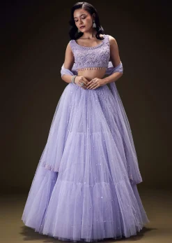 Lavender Net Hand Embroidered Pearl Work Lehenga Set