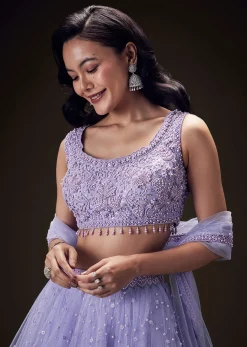Lavender Net Hand Embroidered Pearl Work Lehenga Set