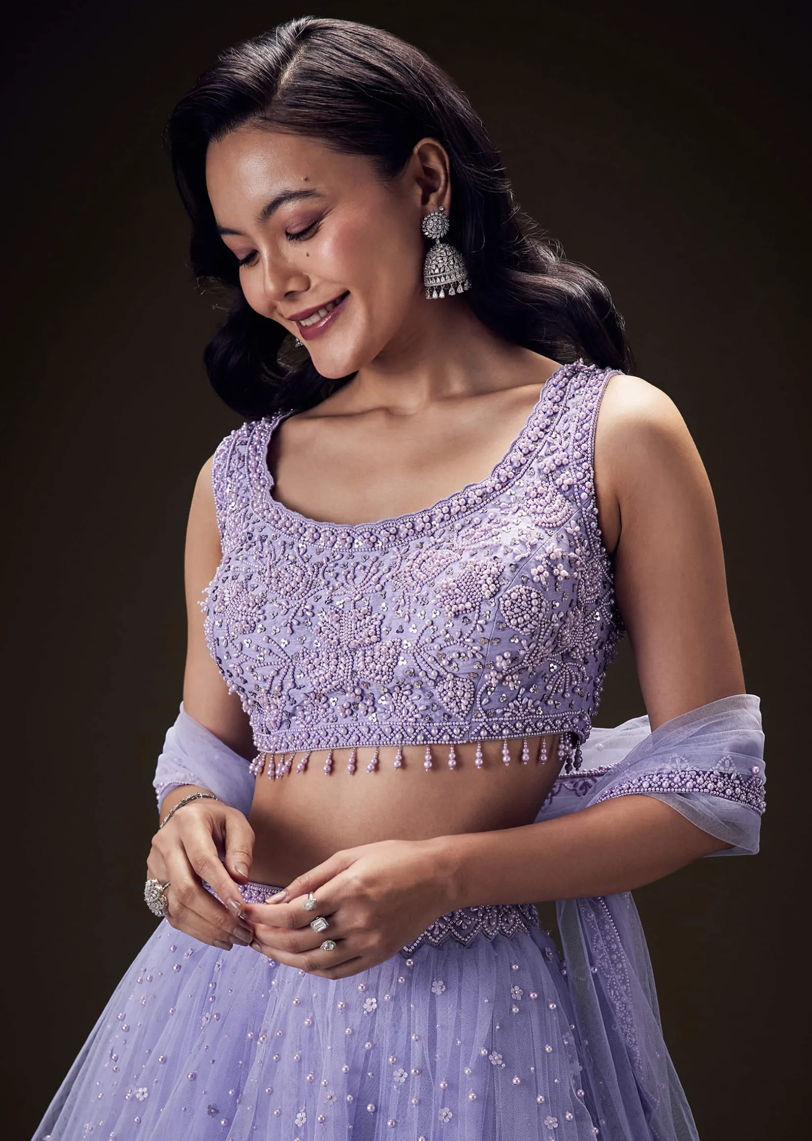 Lavender Net Hand Embroidered Pearl Work Lehenga Set