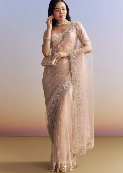 Lavender Net Saree With Scalloped Border
