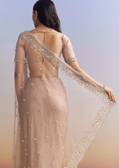 Lavender Net Saree With Scalloped Border